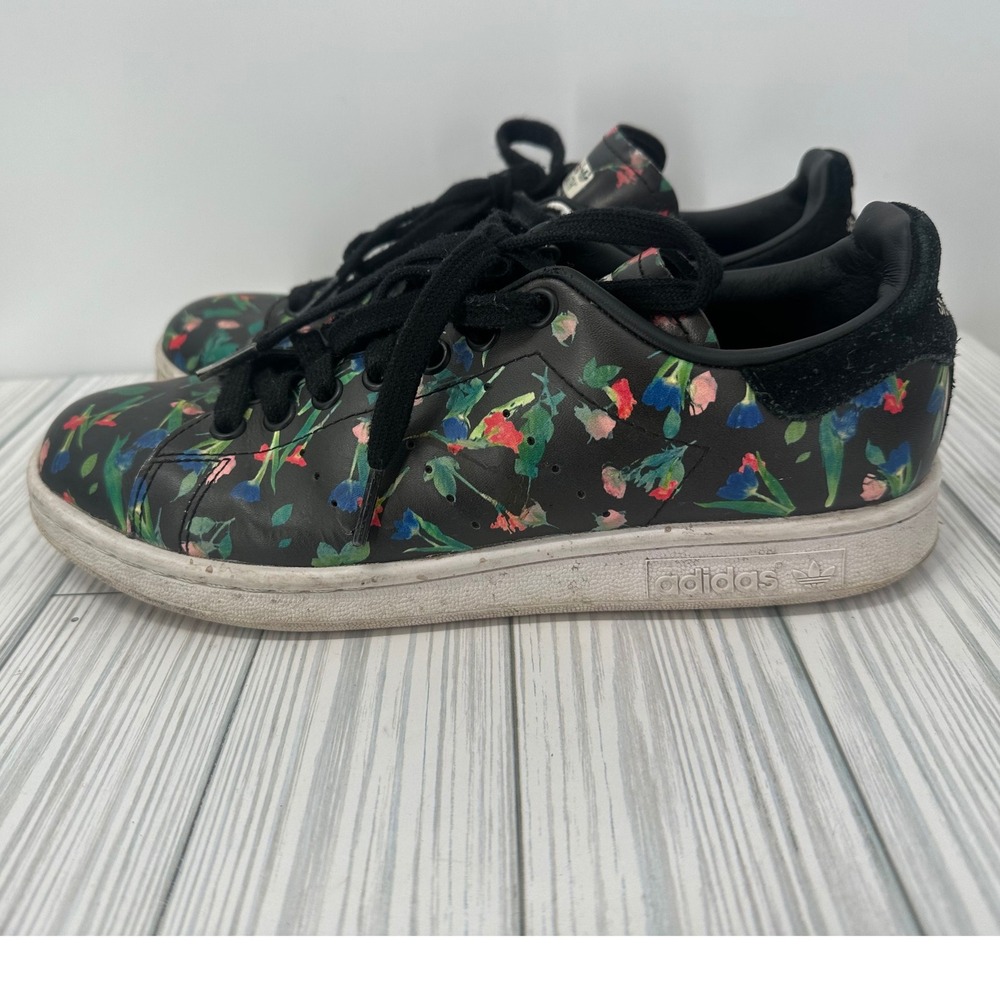 Adidas Original Stan Smith Shoes Women's 7.5 Black Floral‎ Print Sneakers EE4893